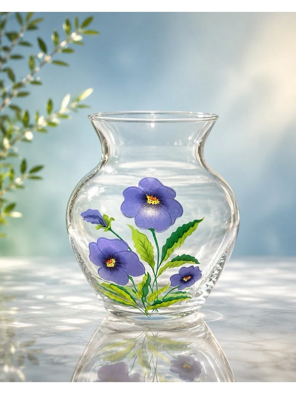 Vintage 1980s Clear Glass Blue Pansy Floral Posy Bud Vase, 2.75x4.5”